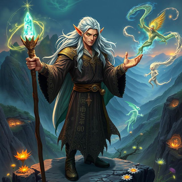 A powerful elf mage capable of summoning mystical creatures, standing on a rocky cliff overlooking an enchanted valley