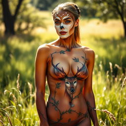 A captivating image of a woman wearing body paint, where the nipple outline is subtly visible but tastefully covered