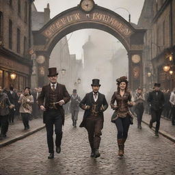 A steampunk marathon, featuring runners in Victorian-era inspired attire with mechanized running aides. The backdrop is a cobbled street infused with steam-punk elements like brass lamps and cogwork banners, and the finish line marked by a grand, clockwork arch.