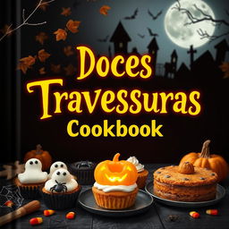 A spooky yet inviting cover design for a Halloween cookbook titled 'Doces Travessuras'