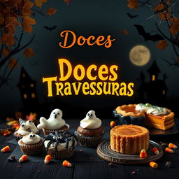 A spooky yet inviting cover design for a Halloween cookbook titled 'Doces Travessuras'