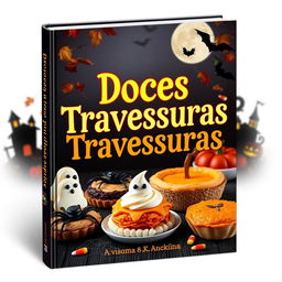 A spooky yet inviting cover design for a Halloween cookbook titled 'Doces Travessuras'