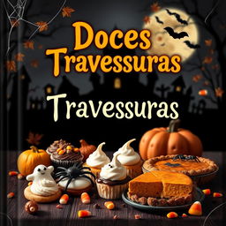 A spooky yet inviting cover design for a Halloween cookbook titled 'Doces Travessuras'