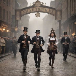 A steampunk marathon, featuring runners in Victorian-era inspired attire with mechanized running aides. The backdrop is a cobbled street infused with steam-punk elements like brass lamps and cogwork banners, and the finish line marked by a grand, clockwork arch.