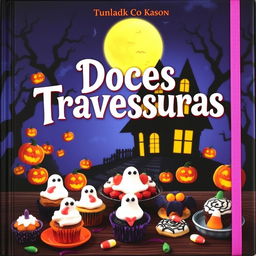 A spooky and festive Halloween themed cookbook cover titled 'Doces Travessuras'