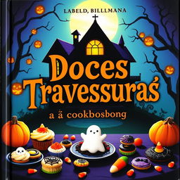 A spooky and festive Halloween themed cookbook cover titled 'Doces Travessuras'