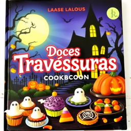 A spooky and festive Halloween themed cookbook cover titled 'Doces Travessuras'