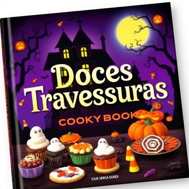 A spooky and festive Halloween themed cookbook cover titled 'Doces Travessuras'