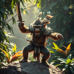 A fierce warrior monkey, clad in ornate tribal armor, brandishing a double-edged sword with skill and confidence