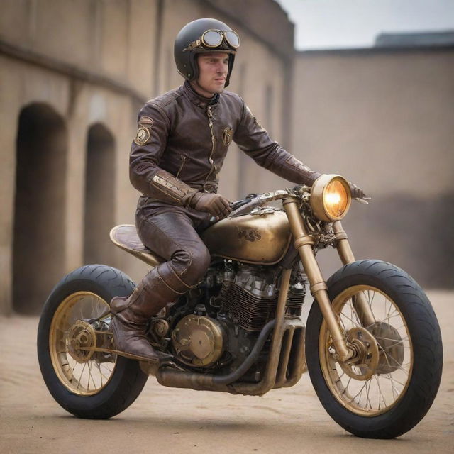 Steampunk MotoGP racer in unique leathers bearing brass accents. Riding a stunning motorbike integrated with Victorian-archaic technology such as steam-powered engines and gear-cog wheels, against a backdrop of a sand-and-stone track bordered by gas-lit street lamps.