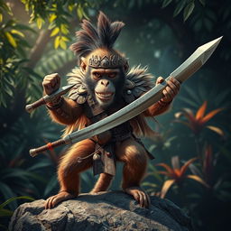 A fierce warrior monkey, clad in ornate tribal armor, brandishing a double-edged sword with skill and confidence