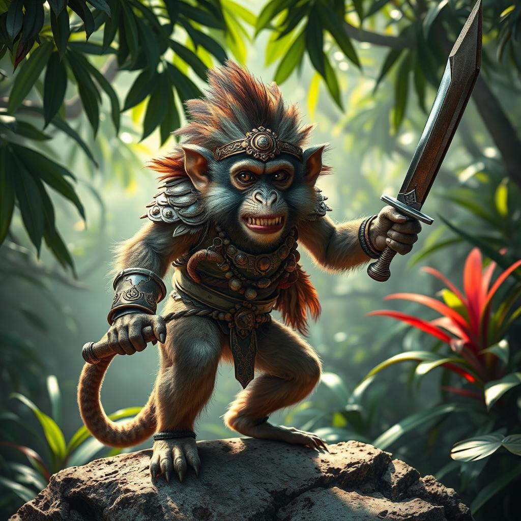 A fierce warrior monkey, clad in ornate tribal armor, brandishing a double-edged sword with skill and confidence