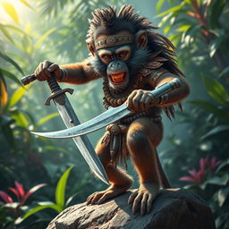 A fierce warrior monkey, clad in ornate tribal armor, brandishing a double-edged sword with skill and confidence