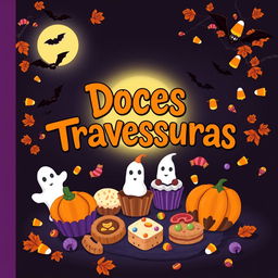 A festive and spooky cookbook cover for "Doces Travessuras", featuring a whimsical illustration of various delicious Halloween treats like pumpkin-shaped cookies, ghostly cupcakes, and colorful candies