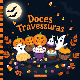 A festive and spooky cookbook cover for "Doces Travessuras", featuring a whimsical illustration of various delicious Halloween treats like pumpkin-shaped cookies, ghostly cupcakes, and colorful candies