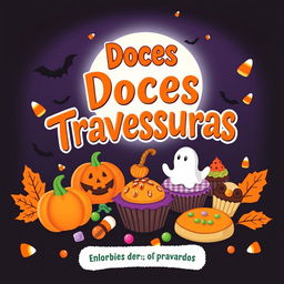 A festive and spooky cookbook cover for "Doces Travessuras", featuring a whimsical illustration of various delicious Halloween treats like pumpkin-shaped cookies, ghostly cupcakes, and colorful candies
