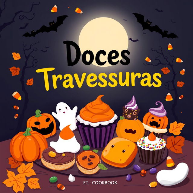 A festive and spooky cookbook cover for "Doces Travessuras", featuring a whimsical illustration of various delicious Halloween treats like pumpkin-shaped cookies, ghostly cupcakes, and colorful candies