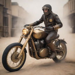 Steampunk MotoGP racer in unique leathers bearing brass accents. Riding a stunning motorbike integrated with Victorian-archaic technology such as steam-powered engines and gear-cog wheels, against a backdrop of a sand-and-stone track bordered by gas-lit street lamps.