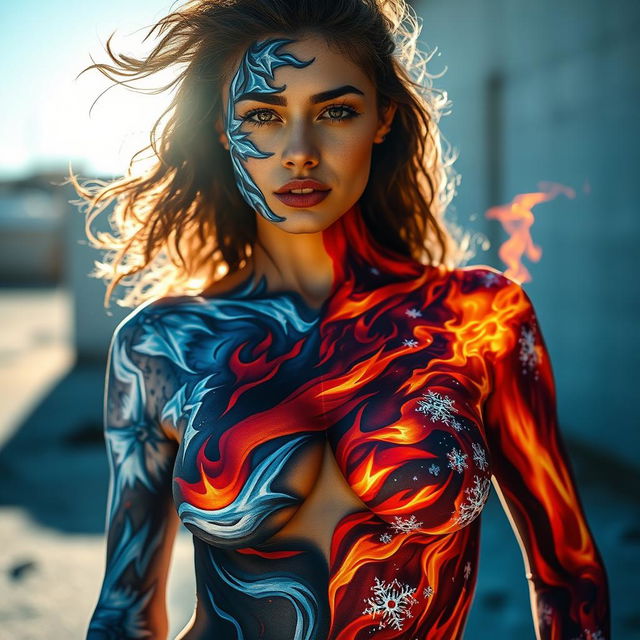 An eye-catching image of a woman wearing body paint, where the nipple outline is subtly visible but tastefully covered