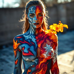 An eye-catching image of a woman wearing body paint, where the nipple outline is subtly visible but tastefully covered