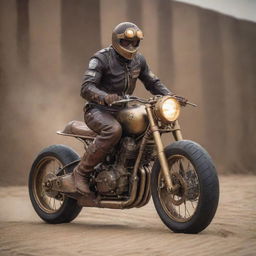 Steampunk MotoGP racer in unique leathers bearing brass accents. Riding a stunning motorbike integrated with Victorian-archaic technology such as steam-powered engines and gear-cog wheels, against a backdrop of a sand-and-stone track bordered by gas-lit street lamps.