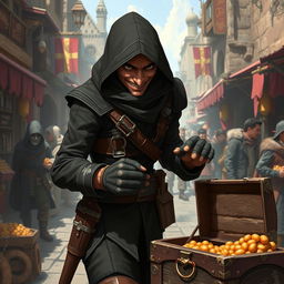 A cunning rogue character, adept in stealth and agility, is depicted in a bustling medieval marketplace