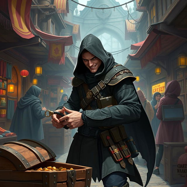 A cunning rogue character, adept in stealth and agility, is depicted in a bustling medieval marketplace