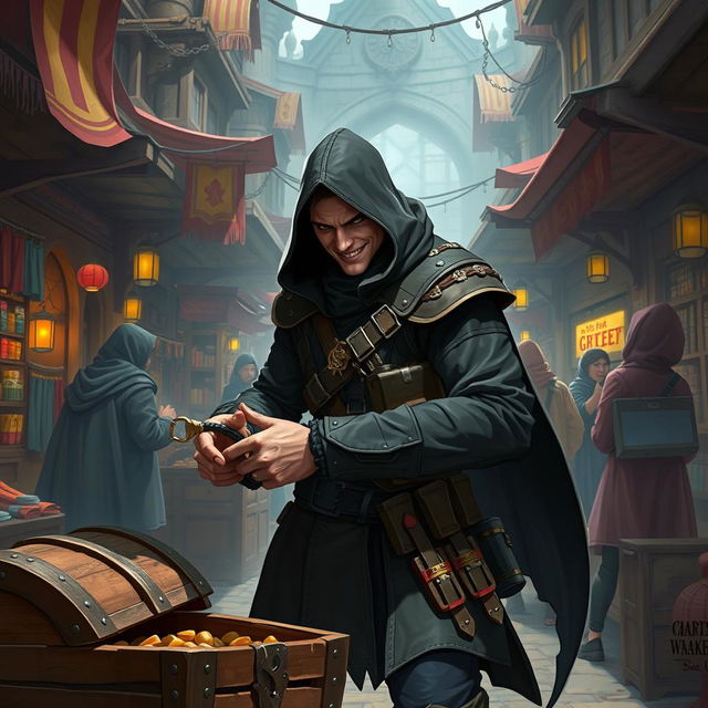 A cunning rogue character, adept in stealth and agility, is depicted in a bustling medieval marketplace