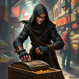 A cunning rogue character, adept in stealth and agility, is depicted in a bustling medieval marketplace