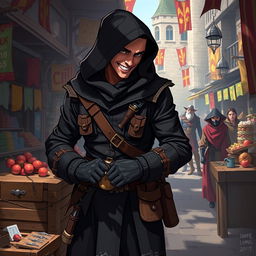 A cunning rogue character, adept in stealth and agility, is depicted in a bustling medieval marketplace