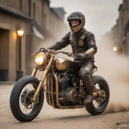 Steampunk MotoGP racer in unique leathers bearing brass accents. Riding a stunning motorbike integrated with Victorian-archaic technology such as steam-powered engines and gear-cog wheels, against a backdrop of a sand-and-stone track bordered by gas-lit street lamps.