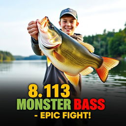 A vertical, vibrant thumbnail featuring a young angler standing triumphantly on the shore of a serene lake, holding a massive 8