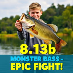 A vertical, vibrant thumbnail featuring a young angler standing triumphantly on the shore of a serene lake, holding a massive 8