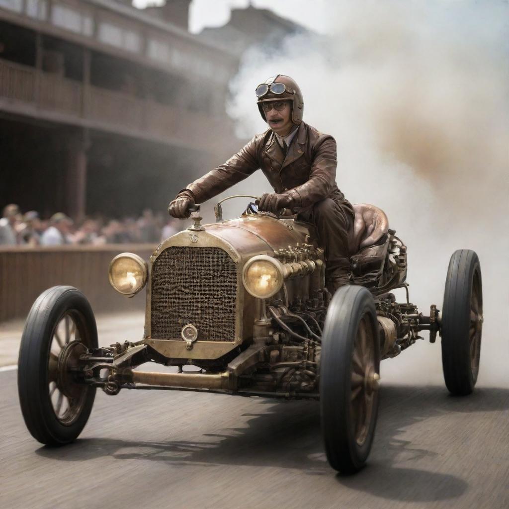 A steampunk Formula 1 driver in early motor-racing attire, enhanced with brass goggles, leather helmet, and mechanized gloves. Driving a remarkable car with visible gears, steam-puffing exhausts and wood-paneling details, racing down a vintage track lined with iron-wrought railings.