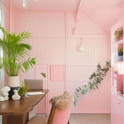 A home office designed with a white wall abundantly covered with fake plants. Additional interiors include elements of soft pink, warm wood, and a primary white theme throughout.