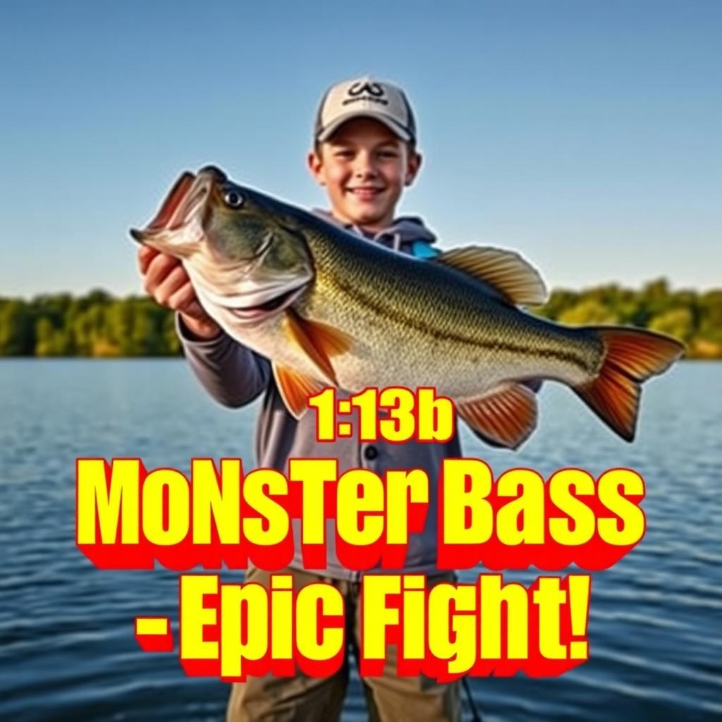 A vertical, vibrant thumbnail featuring a young angler standing triumphantly on the shore of a serene lake, holding a massive 8