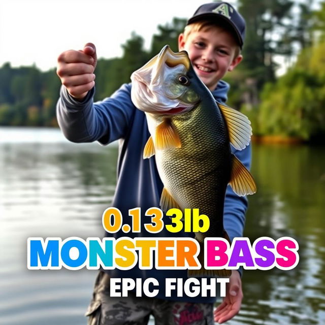 A vertical, vibrant thumbnail featuring a young angler standing triumphantly on the shore of a serene lake, holding a massive 8