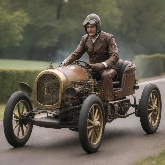 A steampunk Formula 1 driver in early motor-racing attire, enhanced with brass goggles, leather helmet, and mechanized gloves. Driving a remarkable car with visible gears, steam-puffing exhausts and wood-paneling details, racing down a vintage track lined with iron-wrought railings.