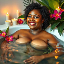 A curvy Indian woman enjoying a relaxing bath, surrounded by beautiful tropical plants and flowers