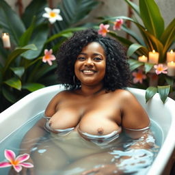 A curvy Indian woman enjoying a relaxing bath, surrounded by beautiful tropical plants and flowers