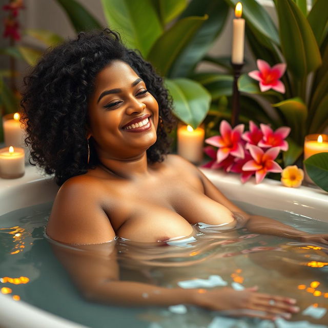 A curvy Indian woman enjoying a relaxing bath, surrounded by beautiful tropical plants and flowers