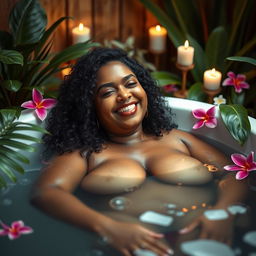 A curvy Indian woman enjoying a relaxing bath, surrounded by beautiful tropical plants and flowers