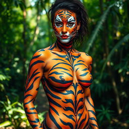 An engaging image of a woman wearing body paint, where the nipple outline is subtly visible but tastefully covered