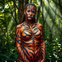 An engaging image of a woman wearing body paint, where the nipple outline is subtly visible but tastefully covered