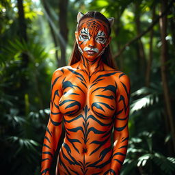 An engaging image of a woman wearing body paint, where the nipple outline is subtly visible but tastefully covered