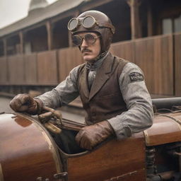 A steampunk Formula 1 driver in early motor-racing attire, enhanced with brass goggles, leather helmet, and mechanized gloves. Driving a remarkable car with visible gears, steam-puffing exhausts and wood-paneling details, racing down a vintage track lined with iron-wrought railings.