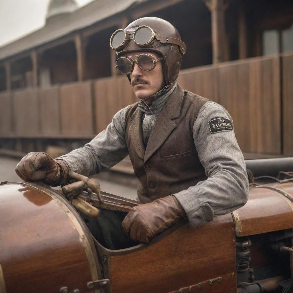 A steampunk Formula 1 driver in early motor-racing attire, enhanced with brass goggles, leather helmet, and mechanized gloves. Driving a remarkable car with visible gears, steam-puffing exhausts and wood-paneling details, racing down a vintage track lined with iron-wrought railings.
