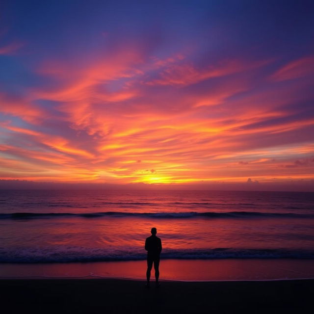 A stunning profile picture featuring a serene ocean sunset, characterized by a vibrant and colorful sky filled with hues of orange, pink, and purple, seamlessly blending into each other