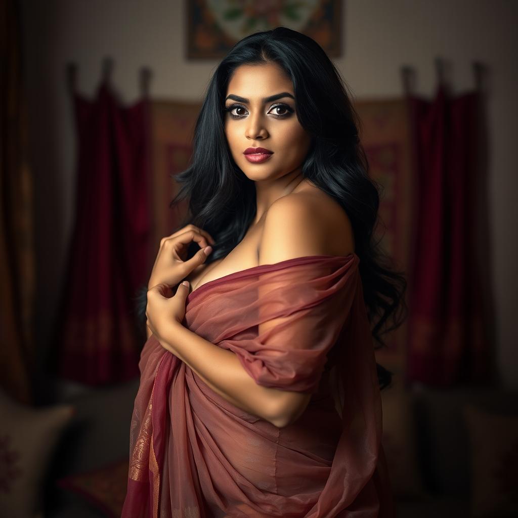 An Indian woman with a curvy figure, depicted in a sensual portrait that highlights her confidence and body positivity