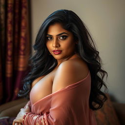 An Indian woman with a curvy figure, depicted in a sensual portrait that highlights her confidence and body positivity